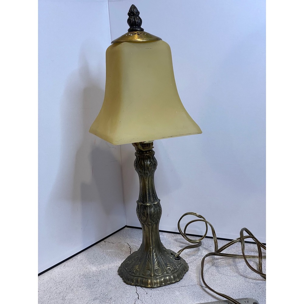 Vintage Desk Lamp Art Nouveau Brass Base Frosted Amber Glass Bell Shade - Picture 10 of 16